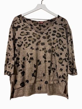 SJS Leopard Print Rhinestone Sweater V-Neck Dolman Women's Large